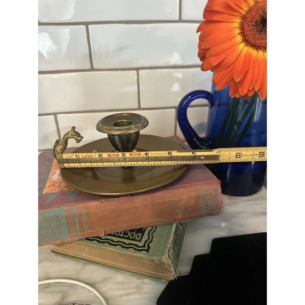 Vintage Brass Dragon Handle Candlestick Candle Holder Chamberstick